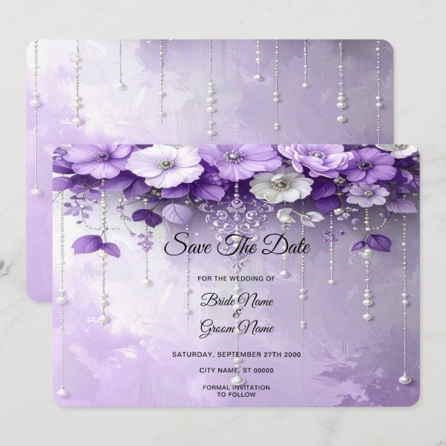 Reserva La Fecha Purple Flowers with Dangling Pearls Save The Date (Anverso / Reverso)