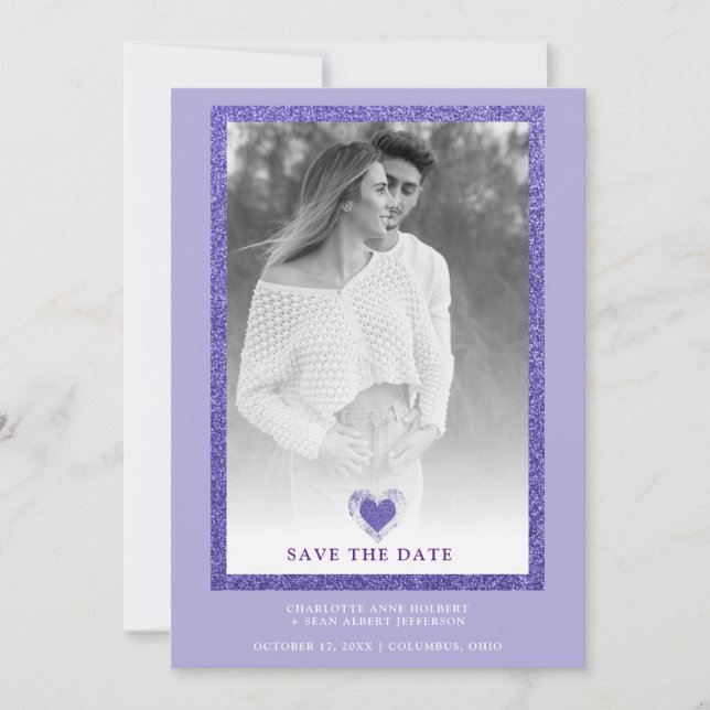 Reserva La Fecha Purple Frame Sparkle Simple Photo Engaged Heart (Anverso)