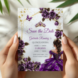 Reserva La Fecha Purple Golden Tiara Roses Butterflies Quinceañera