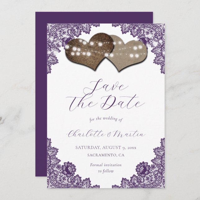 Reserva La Fecha Purple Lace Burlap Hearts Rustic Wedding (Anverso / Reverso)