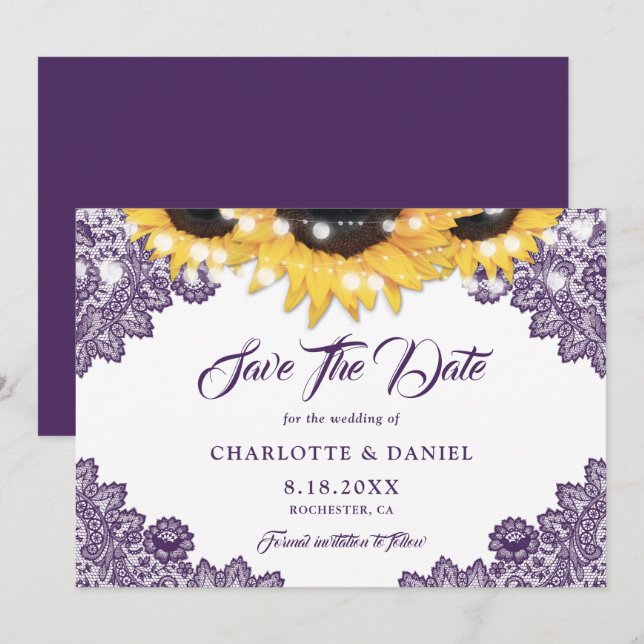 Reserva La Fecha Purple Rustic Floral Lace Sunflower Wedding (Anverso / Reverso)