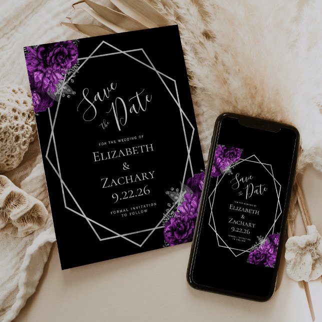 Reserva La Fecha Purple Silver Floral Geometric Black Save the Date (Subido por el creador)