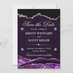Reserva La Fecha Purple Silver Glitter Marble Agata Save the Date