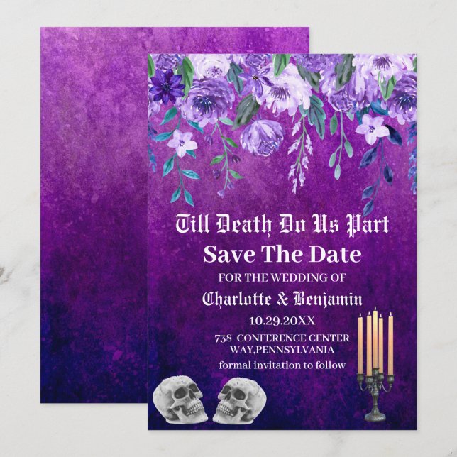 Reserva La Fecha Purple Skull Salva La Fecha Boda De Halloween (Anverso / Reverso)