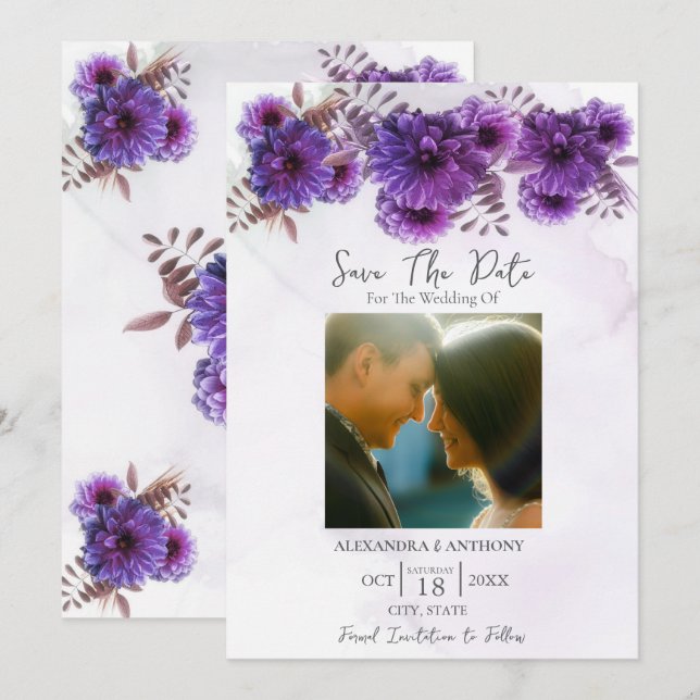 Reserva La Fecha Purple Watercolor Chrysanthemum (Anverso / Reverso)