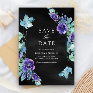 Reserva La Fecha Púrpura acuarela Anemones Boda negro