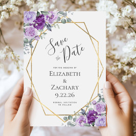 Reserva La Fecha Púrpura acuarela Floral Gold Frame Guardar la fech