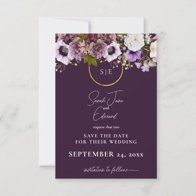 Reserva La Fecha Púrpura Boda floral fresca vertical Guardar la fec (Anverso)