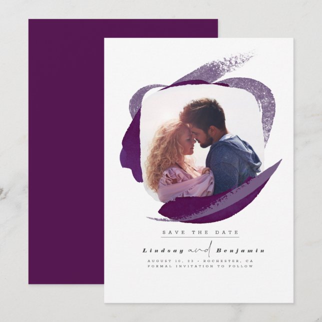 Reserva La Fecha Púrpura de berenjena moderna Guardar la foto de fe (Anverso / Reverso)