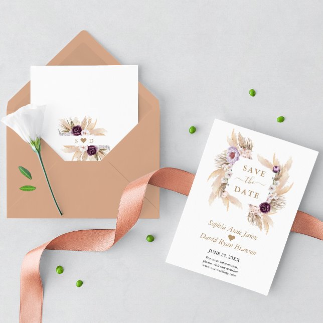 Reserva La Fecha Púrpura Peonies Orquídea Blanca Pampas Boda de Gra (pampas purple floral wedding save the date trendy modern)