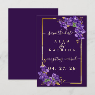 Reserva La Fecha Púrpura profundo Violeta Floral Marco dorado Elega