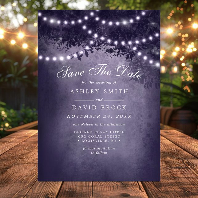 Reserva La Fecha Púrpura Rustic Tree String Lights Save the Date (Subido por el creador)