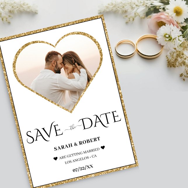 Reserva La Fecha Purpurina blanco y  de oro Boda fotográfico (White & Gold Glitter Heart Photo Wedding Save The Date)