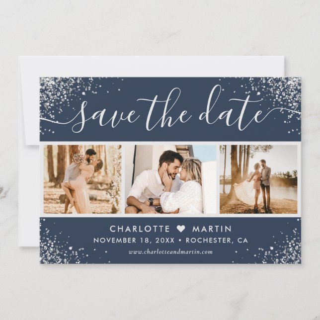 Reserva La Fecha Purpurina Confetti Boda 3 de la Marina Blue Silver (Anverso)