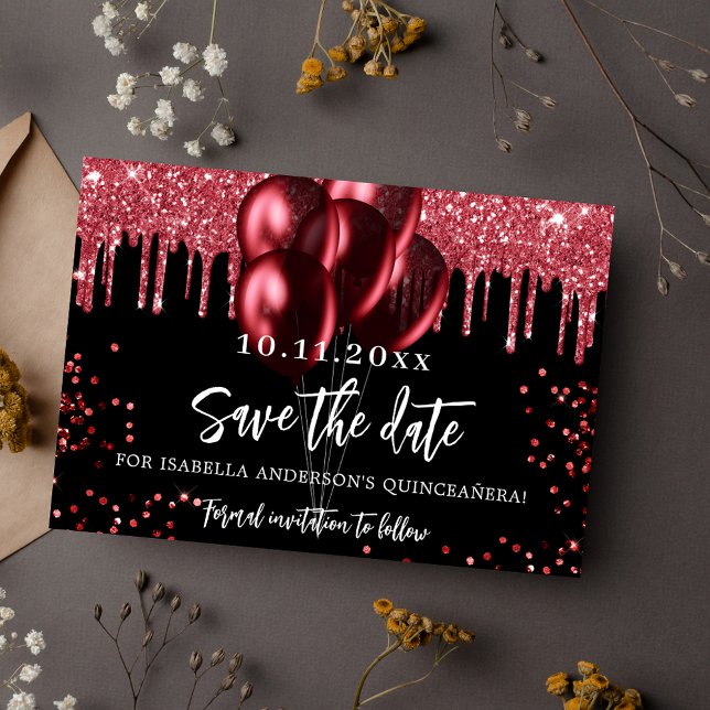 Reserva La Fecha Purpurina de globos rojos negros de Quinceanera (Subido por el creador)