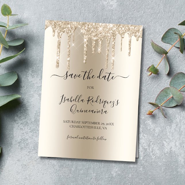 Reserva La Fecha Purpurina de la  de la conducción de champagne Qui (Champagne Dripping Glitter Glitter Drips Elegant Formal Quinceañera Quince Save The Date Invitation)