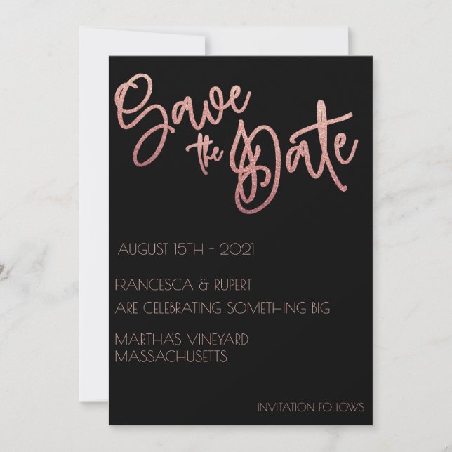 Reserva La Fecha Purpurina de oro negro y Rosa Boda Art Deco (Anverso)