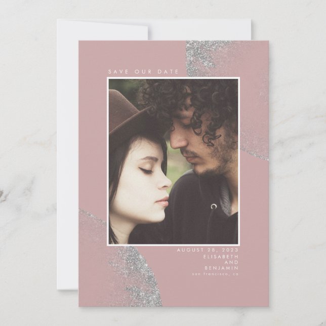 Reserva La Fecha Purpurina de plata Dusty Pink Save the Date Photo (Anverso)