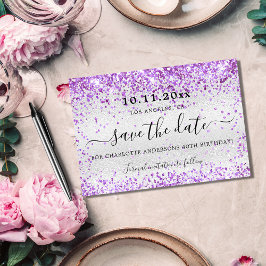 Reserva La Fecha Purpurina morado de plata de fiesta de cumpleaños