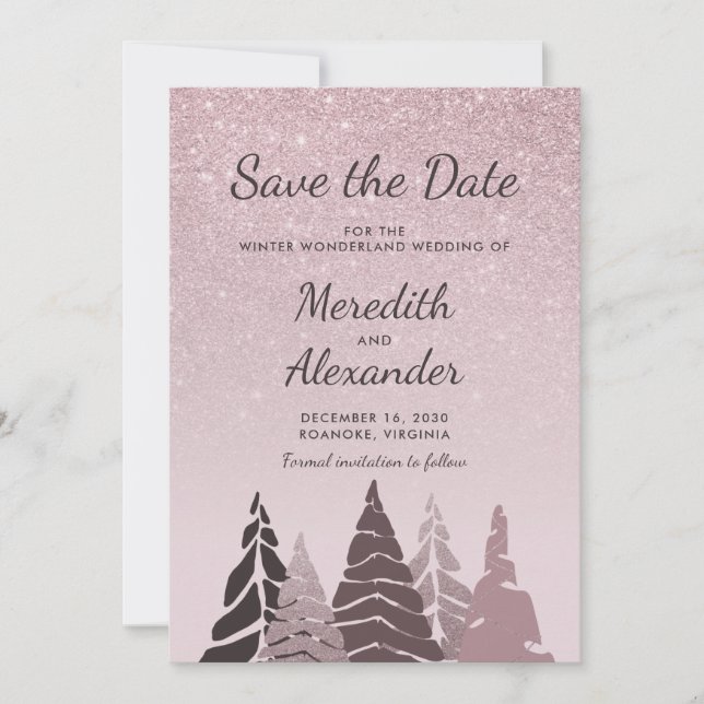 Reserva La Fecha Purpurina Rosa Ombre Winter Holiday Boda (Anverso)