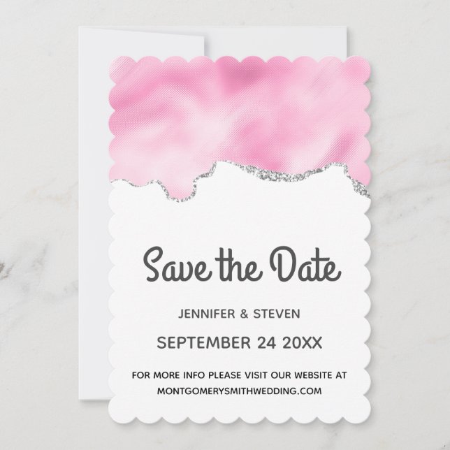 Reserva La Fecha Purpurina Rosa y Plata  Borde elegante Boda (Anverso)