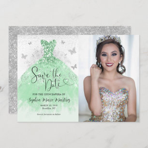 Reserva La Fecha Purpurina Sage Green Silver Vestido Quinceañera Fo