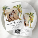 Reserva La Fecha QR Code Tropical Beach Save the Date<br><div class="desc">¡El destino de verano guarda las tarjetas de fecha! Diseñado con un fondo blanco sencillo, dos fotos de la novia/novio, palmeras acuáticas tropicales, un código QR (reemplácelo por el suyo propio) y una plantilla elegante y fácil de personalizar. Imaginen esto — arena entre los dedos de los pies, una puesta...</div>