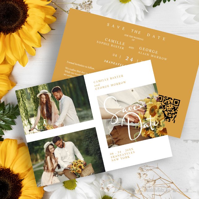 Reserva La Fecha QR in Exquisite Minimalist Custom 3-Photo Wedding (QR Code in a Exquisite Minimalist Custom 3-Photo Wedding Save the Date Card.)