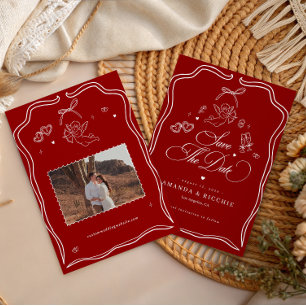 Reserva La Fecha Querubín Dibujado a Mano Cupido Vintage Rojo Boda
