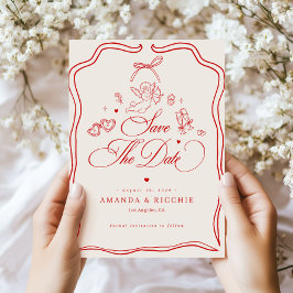 Reserva La Fecha Querubín Dibujado a Mano Vintage Cupido Rojo Boda 