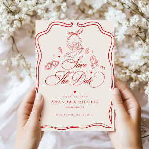 Reserva La Fecha Querubín Dibujado a Mano Vintage Cupido Rojo Boda