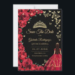 Reserva La Fecha Quinceanera<br><div class="desc">La celebración de Quinceanera de oro rojo negro salva la tarjeta de fecha. Cuenta con chica de morena en vestido de bata de bolas, letra de guión, mariposas doradas, rosas rojas y tiara. Perfecto para una elegante celebración de glam al estilo de la princesa. Personaliza con tus propios detalles. Tarjetas...</div>