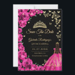 Reserva La Fecha Quinceanera<br><div class="desc">La celebración de Quinceanera de oro rosa fucsia negro salva la tarjeta de fecha. Cuenta con chica de brunette en vestido de bata de bola, fuente de guión, mariposas doradas, rosas rosados calientes y tiara. Perfecto para una elegante celebración de glam al estilo de la princesa. Personaliza con tus propios...</div>