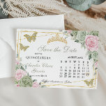Reserva La Fecha Quinceanera 16º Calendario de la flor rosa verde s<br><div class="desc">Edite este estilo de calendario sage green y rosa floral guardar la tarjeta de fecha con sus propios detalles. Cambiar el mes y las fechas. Haga clic en "Editar usando la herramienta de diseño" para acceder al área de diseño y mover el icono del corazón dorado para marcar la fecha...</div>
