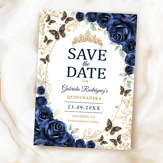 Reserva La Fecha Quinceañera Azul Marino con Flores de Oro (Subido por el creador)