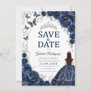 Reserva La Fecha Quinceañera Azul Marino Floral Plateado