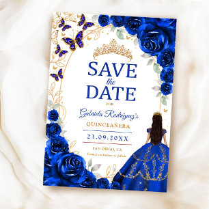 Reserva La Fecha Quinceañera Azul Real Floral Dorado