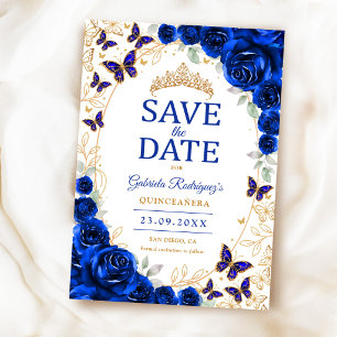 Reserva La Fecha Quinceañera Azul Real Floral Dorado