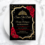 Reserva La Fecha Quinceanera - Black Red Gold<br><div class="desc">Gold black red Quinceanera celebration save the date. Features script font,  red roses,  tiara and confetti. Classy design with faux glitter gold. Perfect for an elegant glam celebration. Personalize with your own details. Printed Zazzle cards or instant download digital printable template.</div>