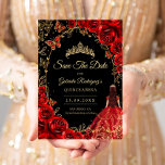 Reserva La Fecha Quinceanera Black Red Gold<br><div class="desc">Black red and gold Quinceanera celebration Save The Date card. Features brunette girl in ball gown dress,  script font,  gold butterflies,  watercolor roses and tiara. Perfect for an elegant princess style glam celebration. Personalize with your own details. Printed Zazzle cards or instant download digital printable template.</div>