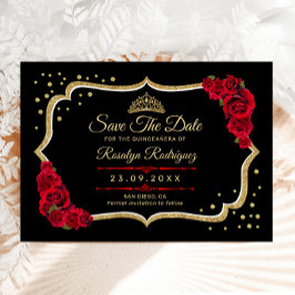 Reserva La Fecha Quinceanera Black Red Gold Floral