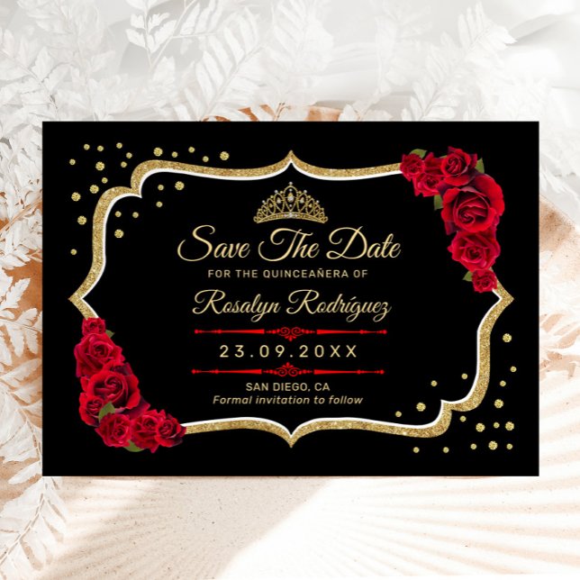 Reserva La Fecha Quinceanera Black Red Gold Floral (Subido por el creador)