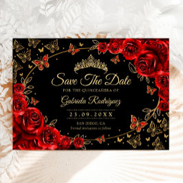 Reserva La Fecha Quinceanera Black Red Roses Gold