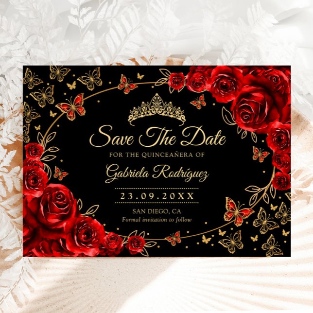 Reserva La Fecha Quinceanera Black Red Roses Gold (Subido por el creador)