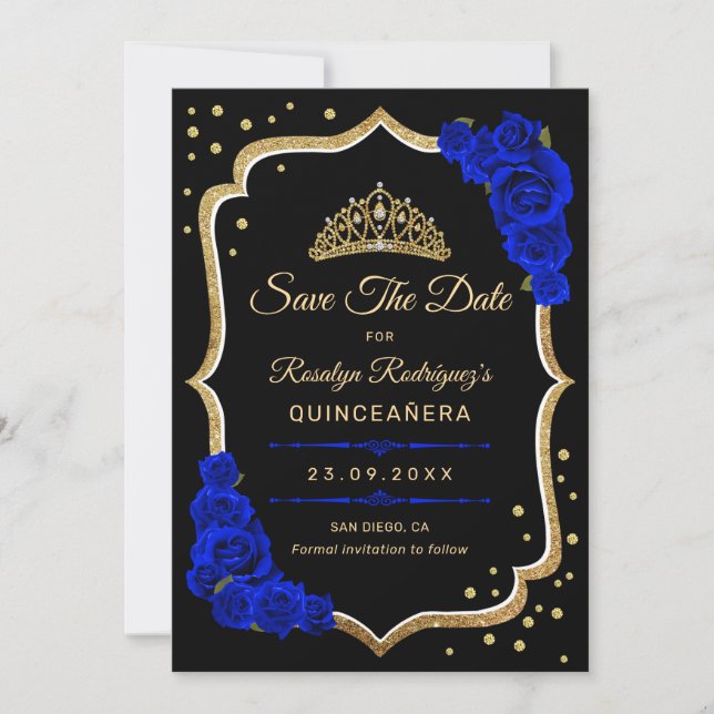 Reserva La Fecha Quinceanera - Black Royal Blue Gold (Anverso)