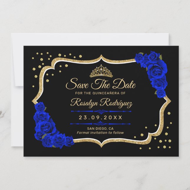 Reserva La Fecha Quinceanera Black Royal Blue Gold Floral (Anverso)