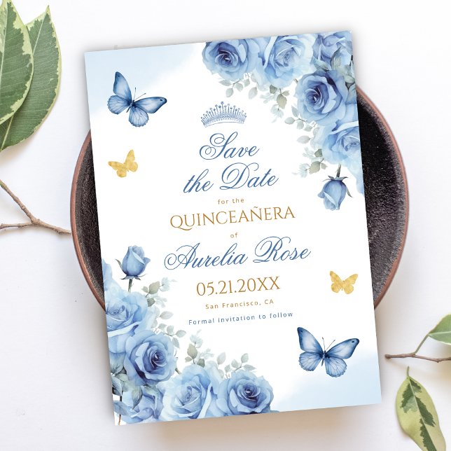 Reserva La Fecha Quinceañera Blue Floral Gold Butterfly Tiara (Subido por el creador)