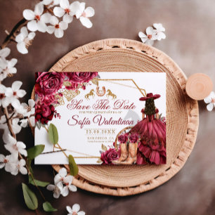 Reserva La Fecha Quinceañera Burgundy Gold Charra