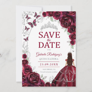 Reserva La Fecha Quinceañera Burgundy Plata Floral