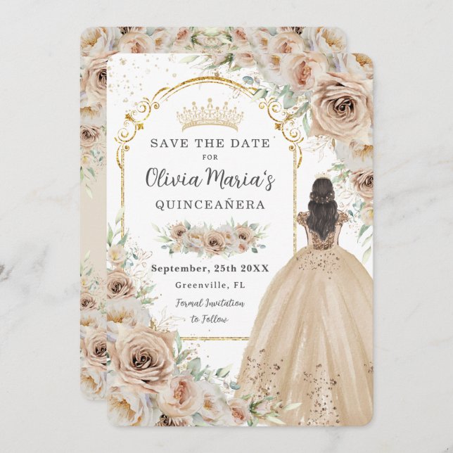 Reserva La Fecha Quinceañera Champagne Belice Cream Floral Princesa (Anverso / Reverso)